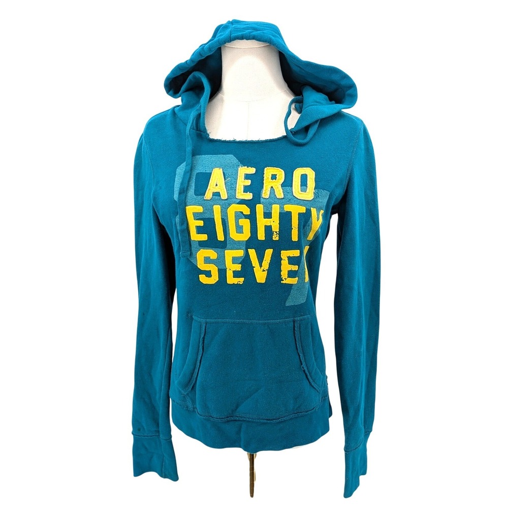 Aeropostale Y2K Graphic‎ Hoodie Teal Pullover Logo Juniors M